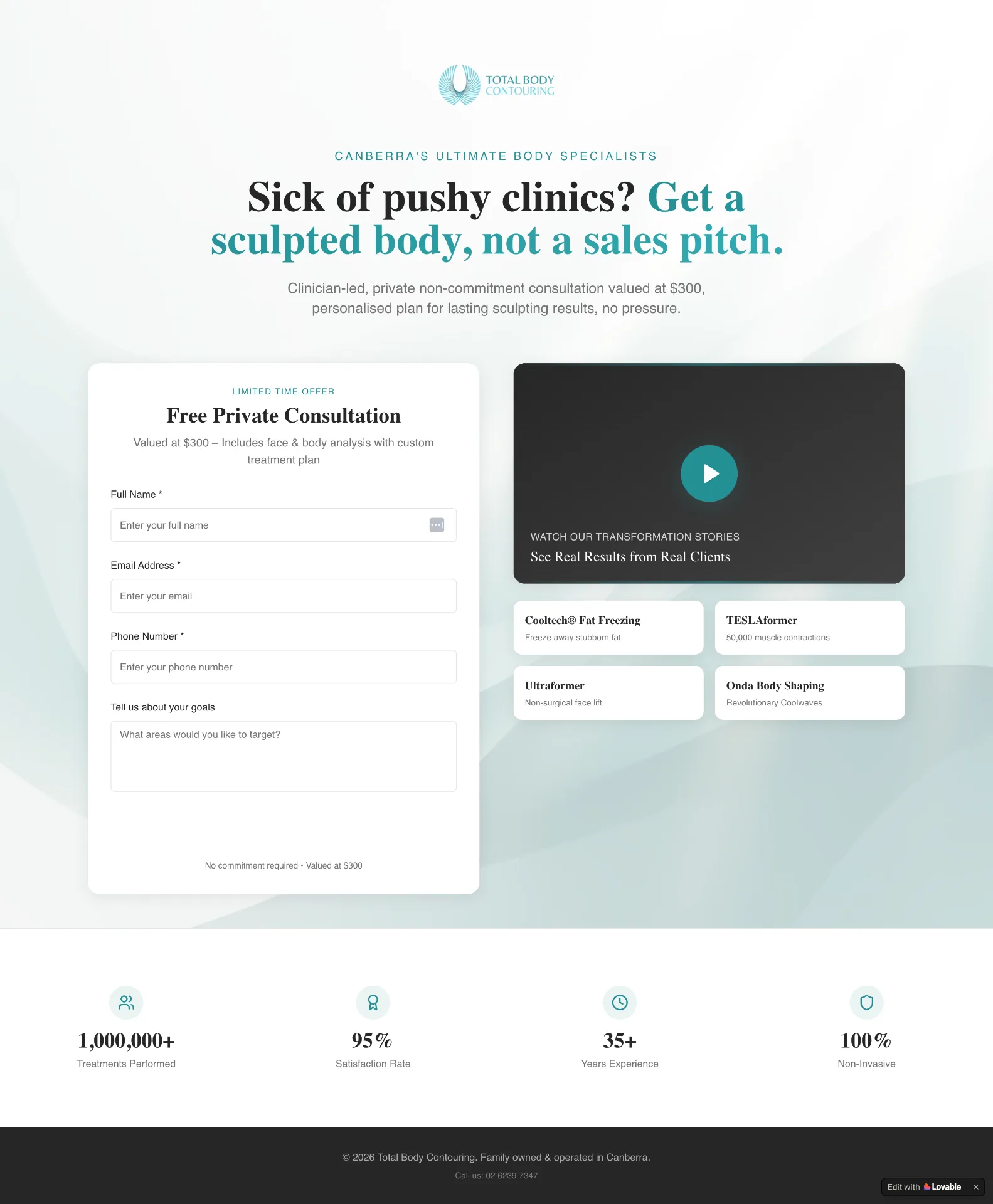 Total Body Contouring landing page example