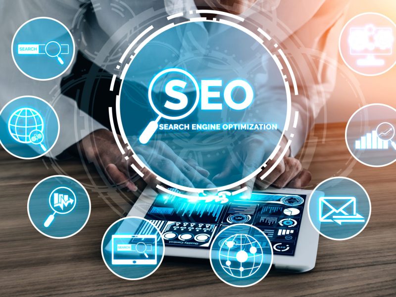 SEO - Search Engine Optimization for Online Marketing Concept. Modern graphic interface showing symbol of keyword research website promotion by optimize customer searching and analyze market strategy.