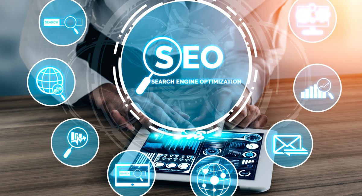 SEO - Search Engine Optimization for Online Marketing Concept. Modern graphic interface showing symbol of keyword research website promotion by optimize customer searching and analyze market strategy.