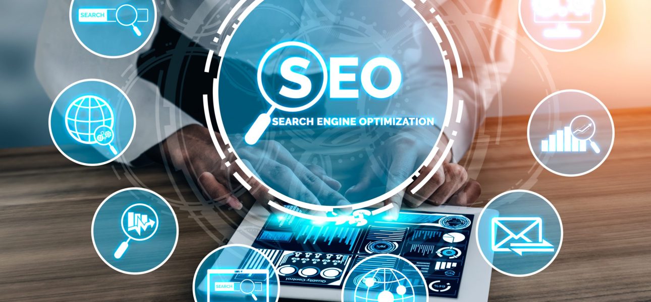 SEO - Search Engine Optimization for Online Marketing Concept. Modern graphic interface showing symbol of keyword research website promotion by optimize customer searching and analyze market strategy.