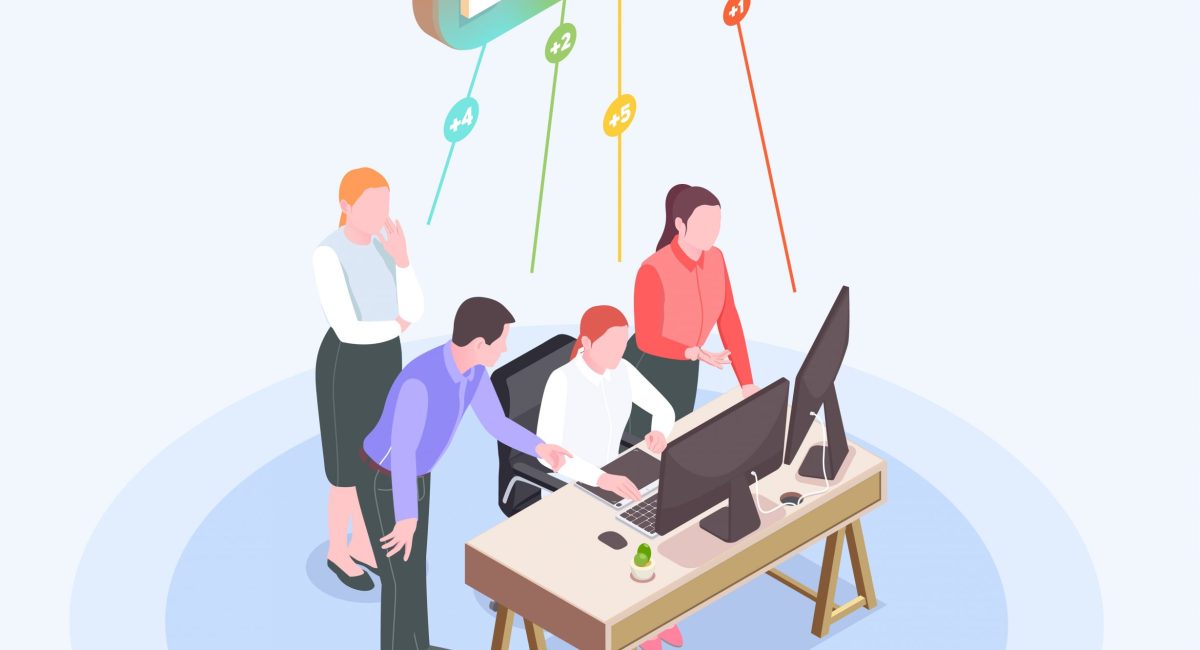 Team analyzing digital marketing data with upward trend indicators and computer screens, illustrating strategies for improving search ads and organic traffic growth.