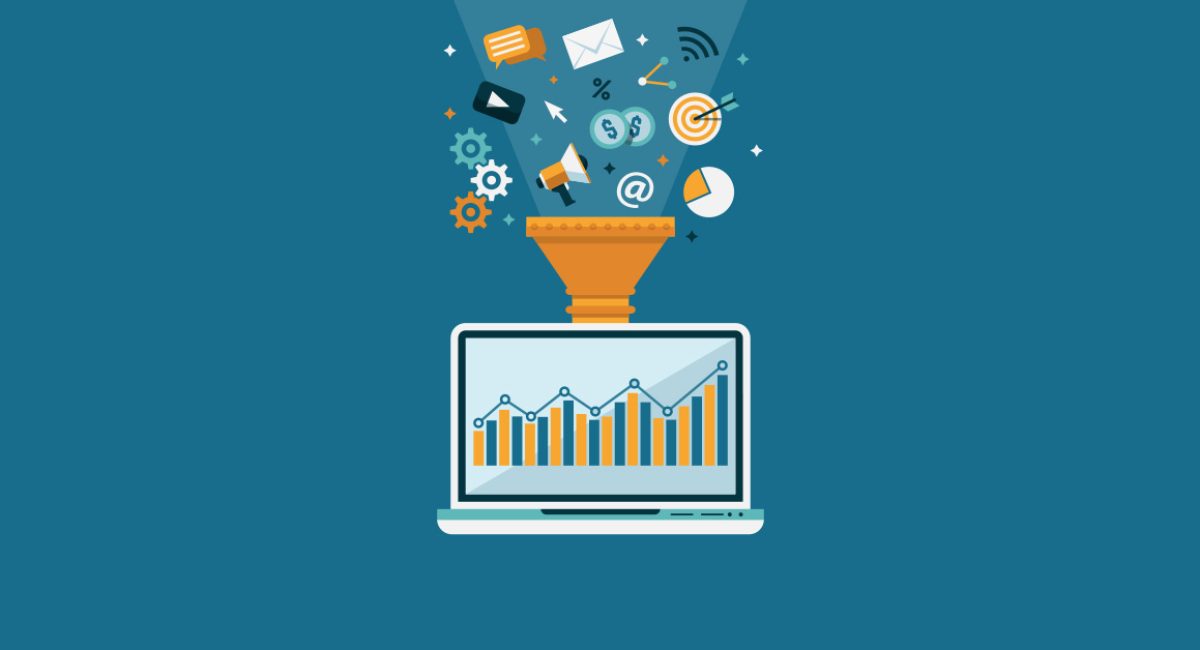 Laptop displaying marketing analytics with funnel and digital marketing icons, representing conversion tracking and SEO strategies for enhancing online advertising effectiveness.