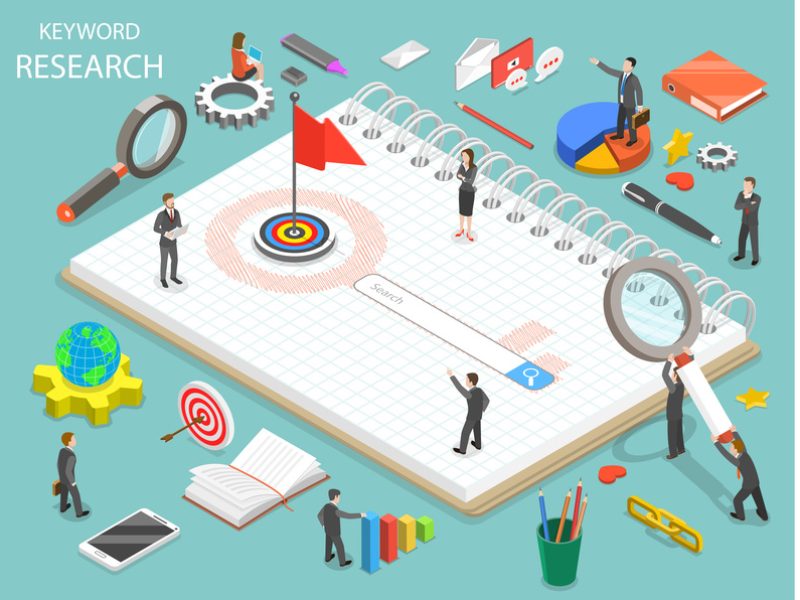 Keyword research flat isometric vector concept. Team of colleagues are standing around the search line that is a part of the drawn key.