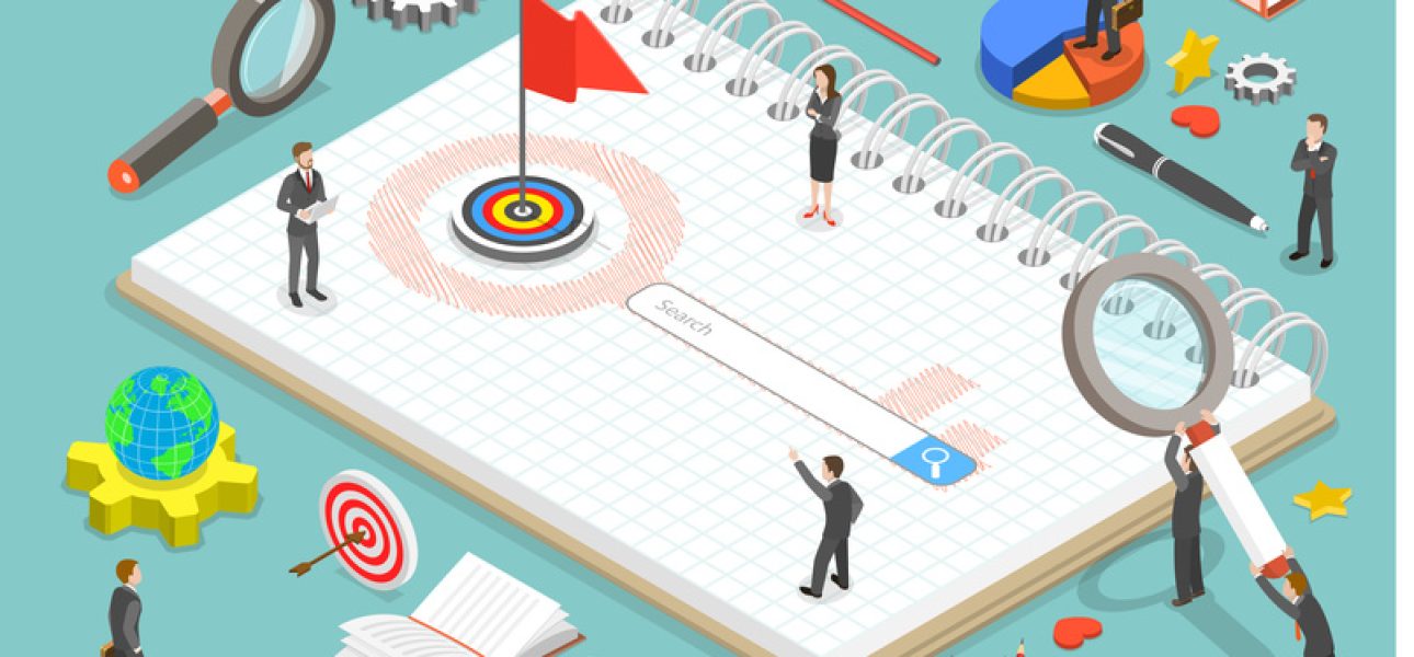 Keyword research flat isometric vector concept. Team of colleagues are standing around the search line that is a part of the drawn key.