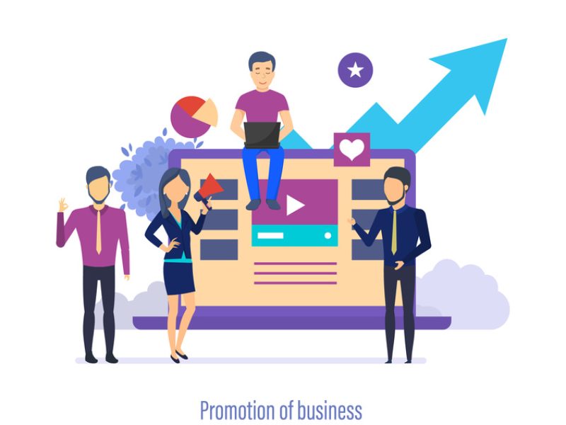 Promotion of business. Targeting advertising, media marketing research, promotion in social networks, business analytics, digital development strategy, teamwork. Vector illustration isolated.