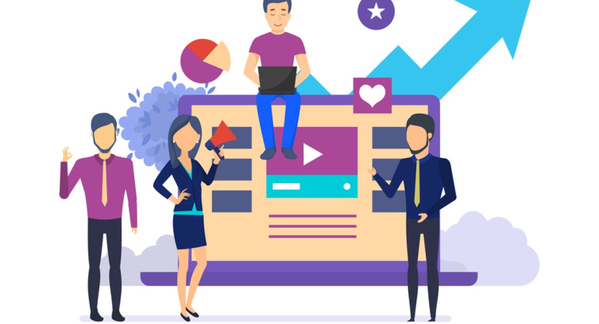 Promotion of business. Targeting advertising, media marketing research, promotion in social networks, business analytics, digital development strategy, teamwork. Vector illustration isolated.
