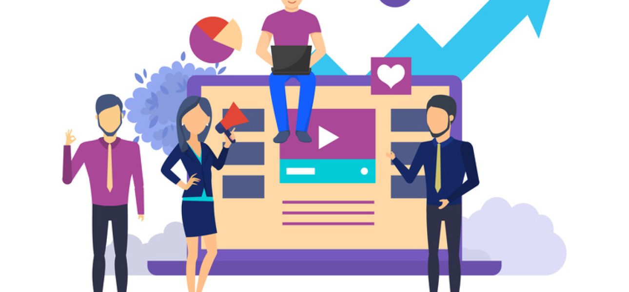 Promotion of business. Targeting advertising, media marketing research, promotion in social networks, business analytics, digital development strategy, teamwork. Vector illustration isolated.