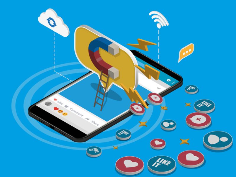 Influencer marketing concept with magnet in isometric style mobile app. Logo illustration. Eps10