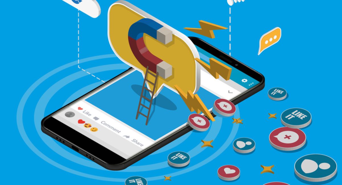 Influencer marketing concept with magnet in isometric style mobile app. Logo illustration. Eps10
