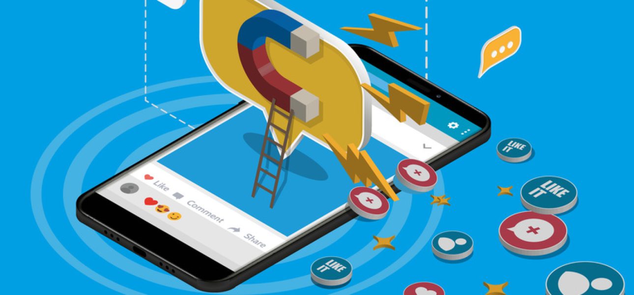 Influencer marketing concept with magnet in isometric style mobile app. Logo illustration. Eps10