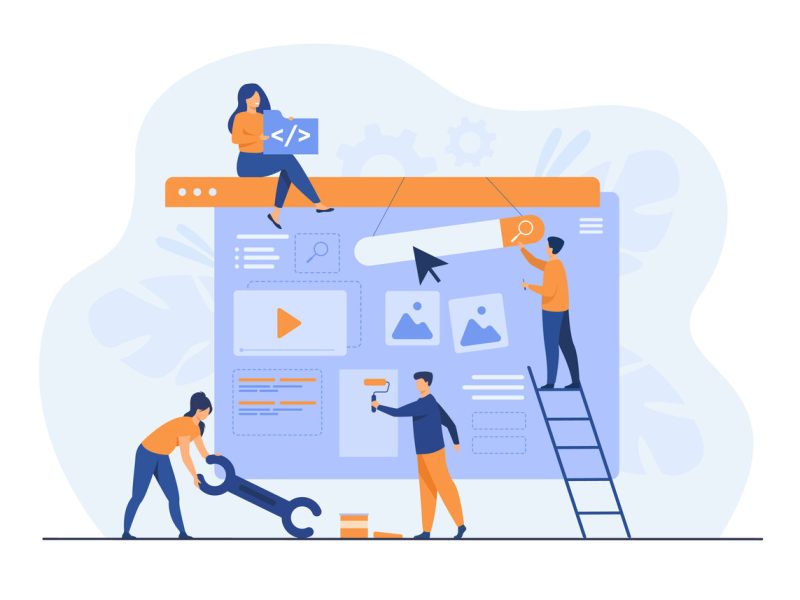Digital marketing team constructing landing or home page