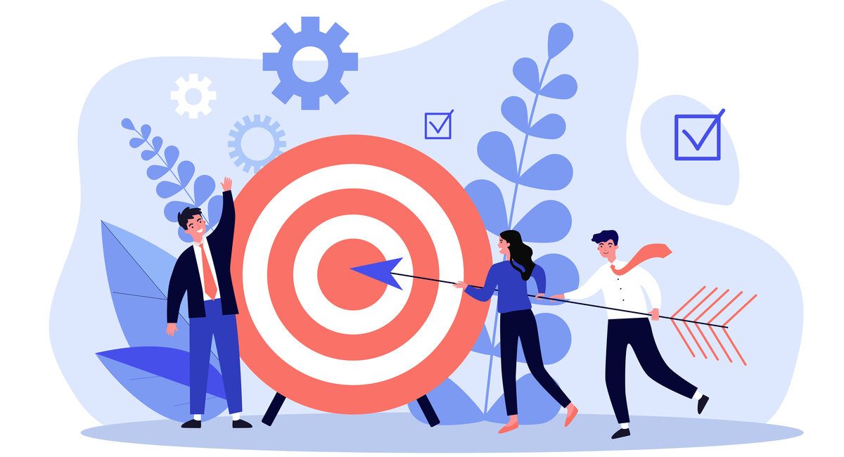 Businesspeople driving arrow to goal