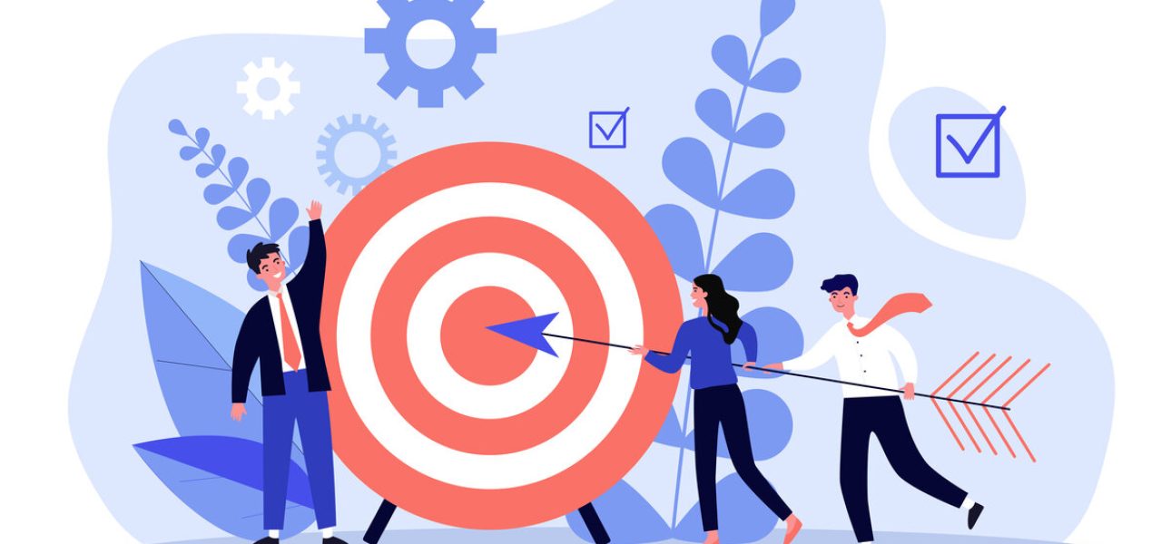 Businesspeople driving arrow to goal