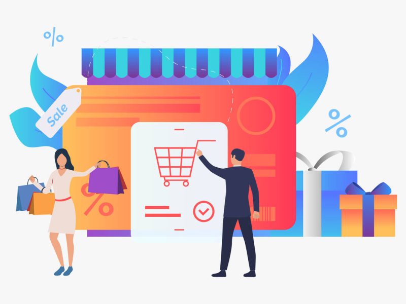 Store with credit card, gift boxes, buyers vector illustration