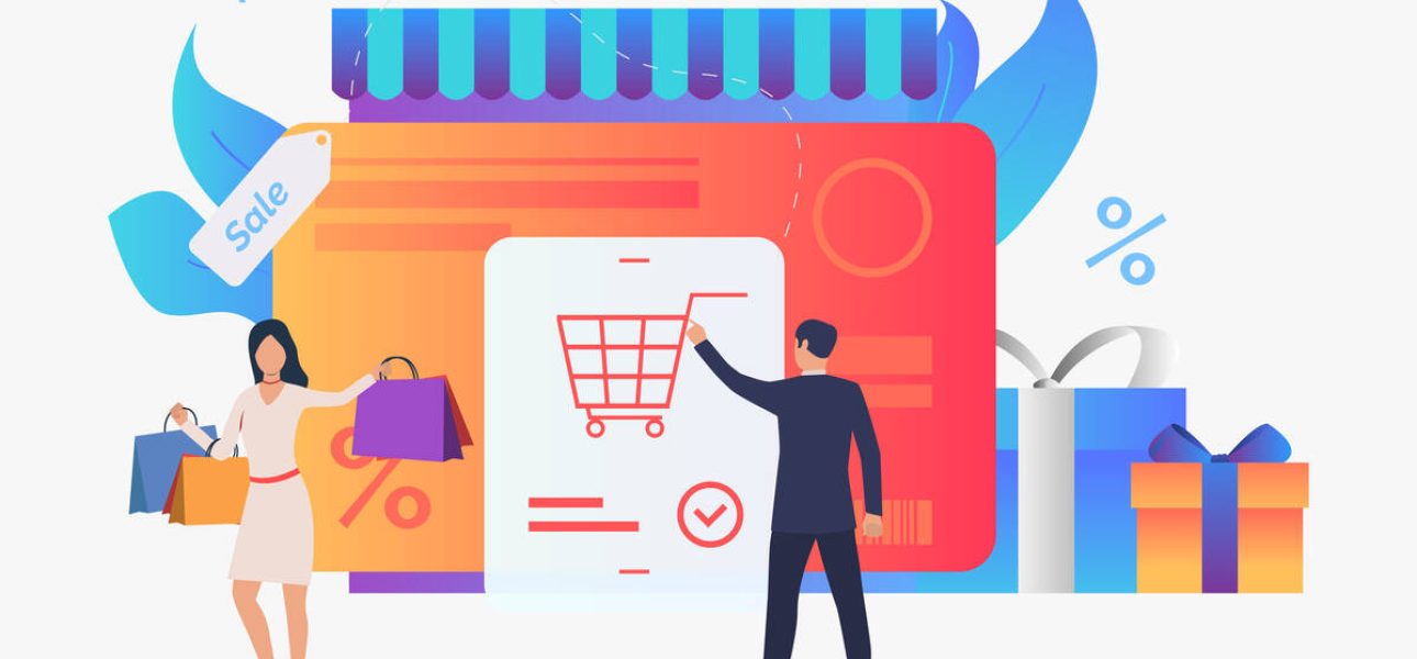 Store with credit card, gift boxes, buyers vector illustration
