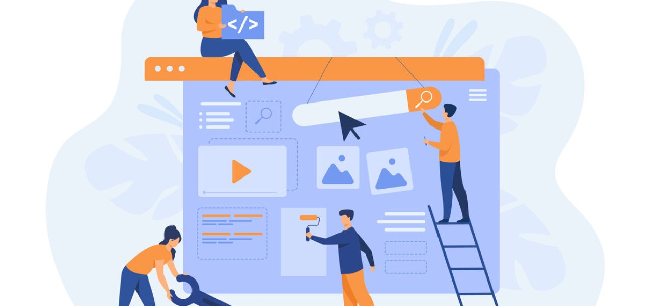 Digital marketing team constructing landing or home page