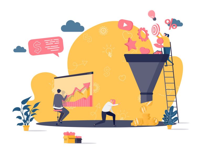 Marketing funnel concept in flat style. Marketers processing data scene. Marketing research, strategy planning, attraction new customers. Vector illustration with people characters in work situation.