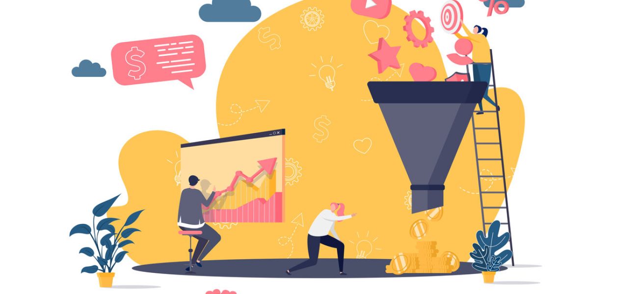 Marketing funnel concept in flat style. Marketers processing data scene. Marketing research, strategy planning, attraction new customers. Vector illustration with people characters in work situation.