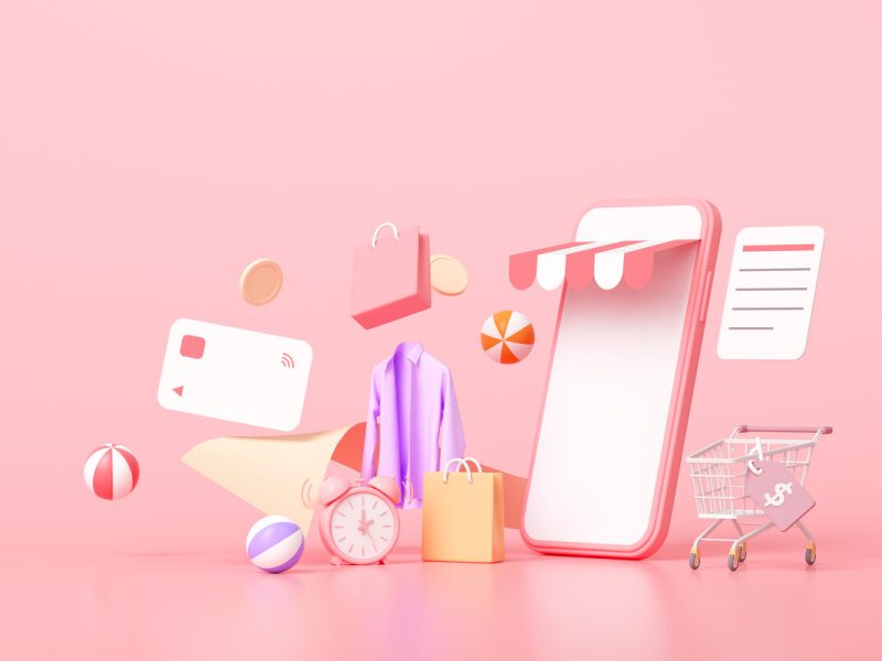 3D Online shopping on smartphone concept, floating shopping items, online buying, and online payment