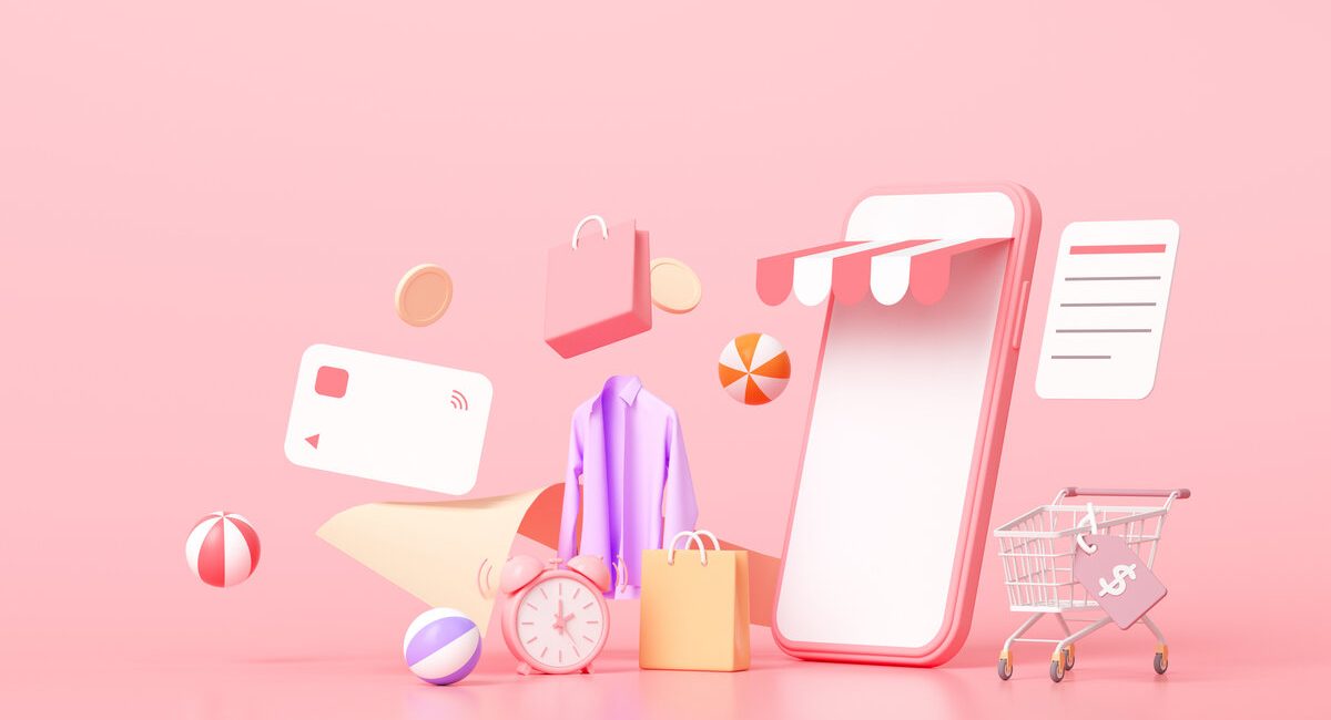 3D Online shopping on smartphone concept, floating shopping items, online buying, and online payment