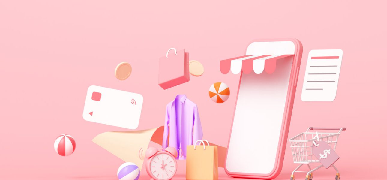 3D Online shopping on smartphone concept, floating shopping items, online buying, and online payment