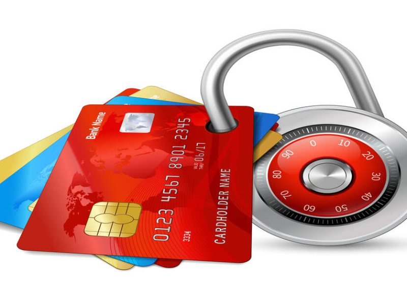 Set of secure credit cards with chips protected by encryption padlock isolated vector illustration