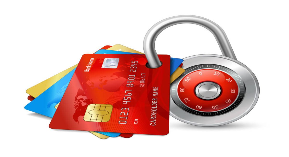 Set of secure credit cards with chips protected by encryption padlock isolated vector illustration