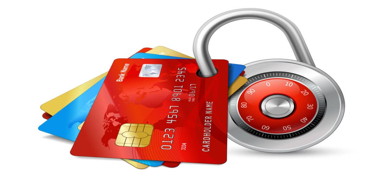 Set of secure credit cards with chips protected by encryption padlock isolated vector illustration