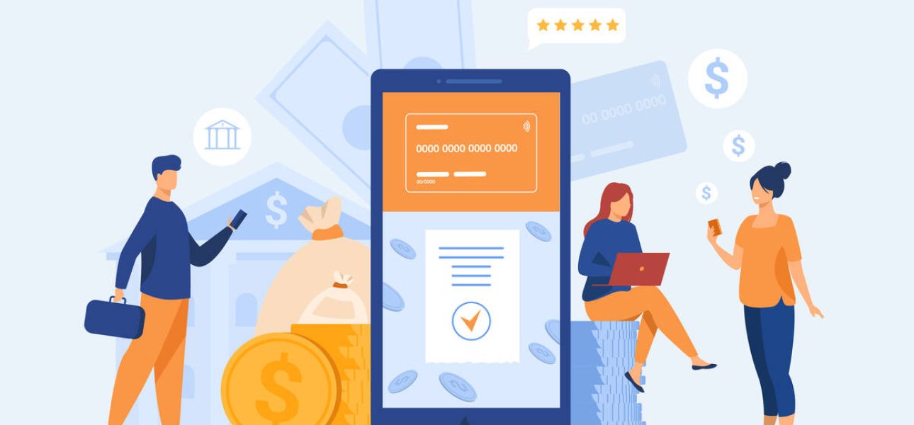 People with smartphones using mobile banking app