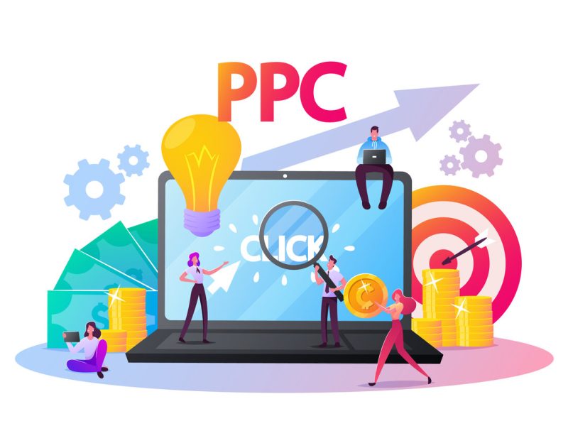 Pay Per Click Concept. Tiny Characters at Huge Computer Desktop with Cursor Clicking on Ad Button. Ppc Business, Cpc Advertising Technology, Sponsored Listing. Cartoon People Vector Illustration